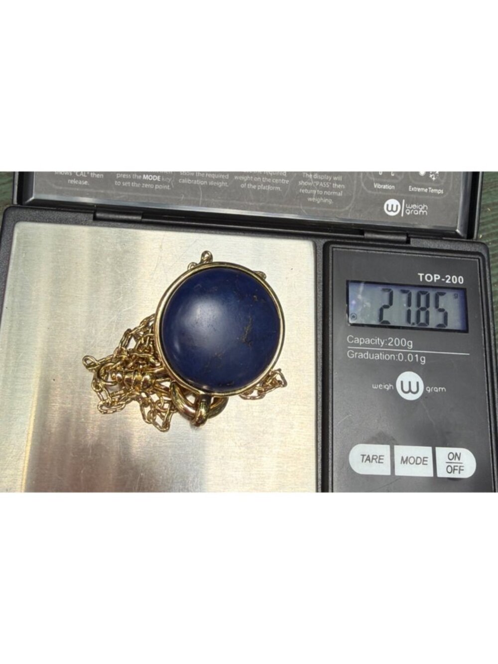 Lapis Lazuli Round Pendant Necklace Gold Tone Chain Front Clasp 30" Sleek - Picture 4 of 4